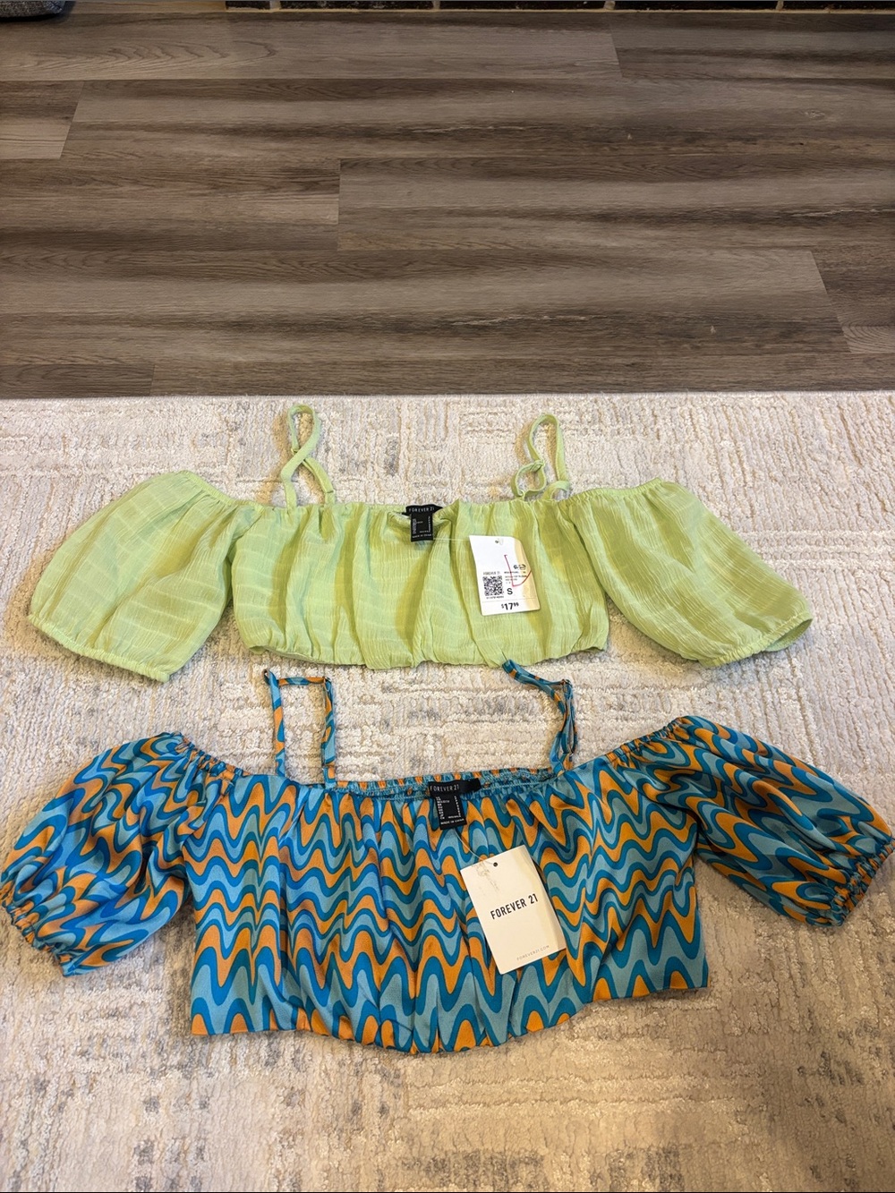 Forever 21 Lime Green & Teal Wave Off-Shoulder Crop Tops (Set of 2)